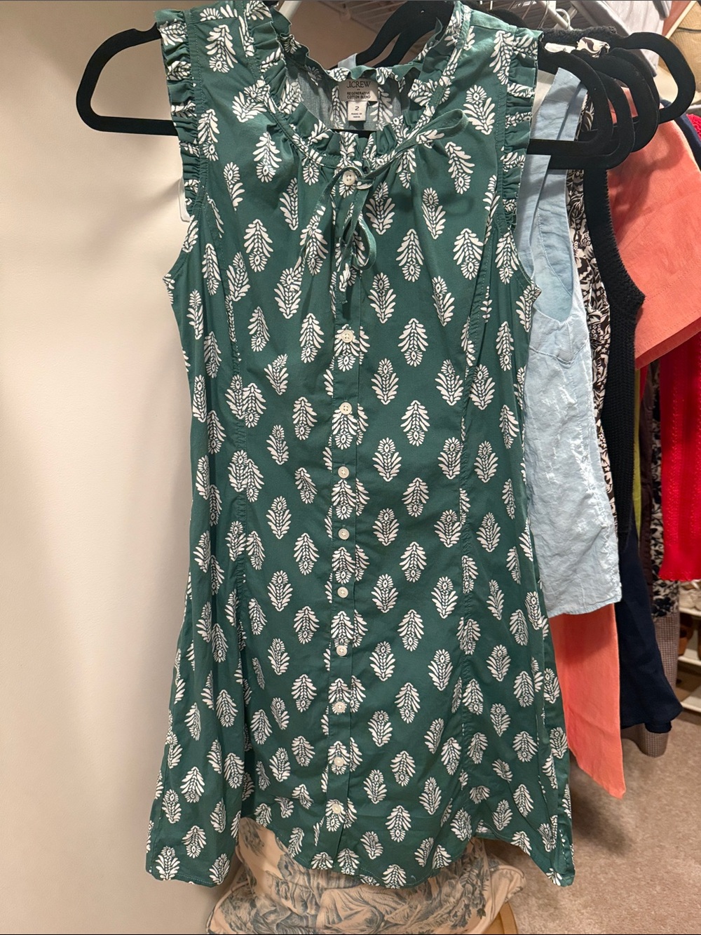 J. Crew Factory Green Sleeveless Midi Dress with White Leaf Print cotton